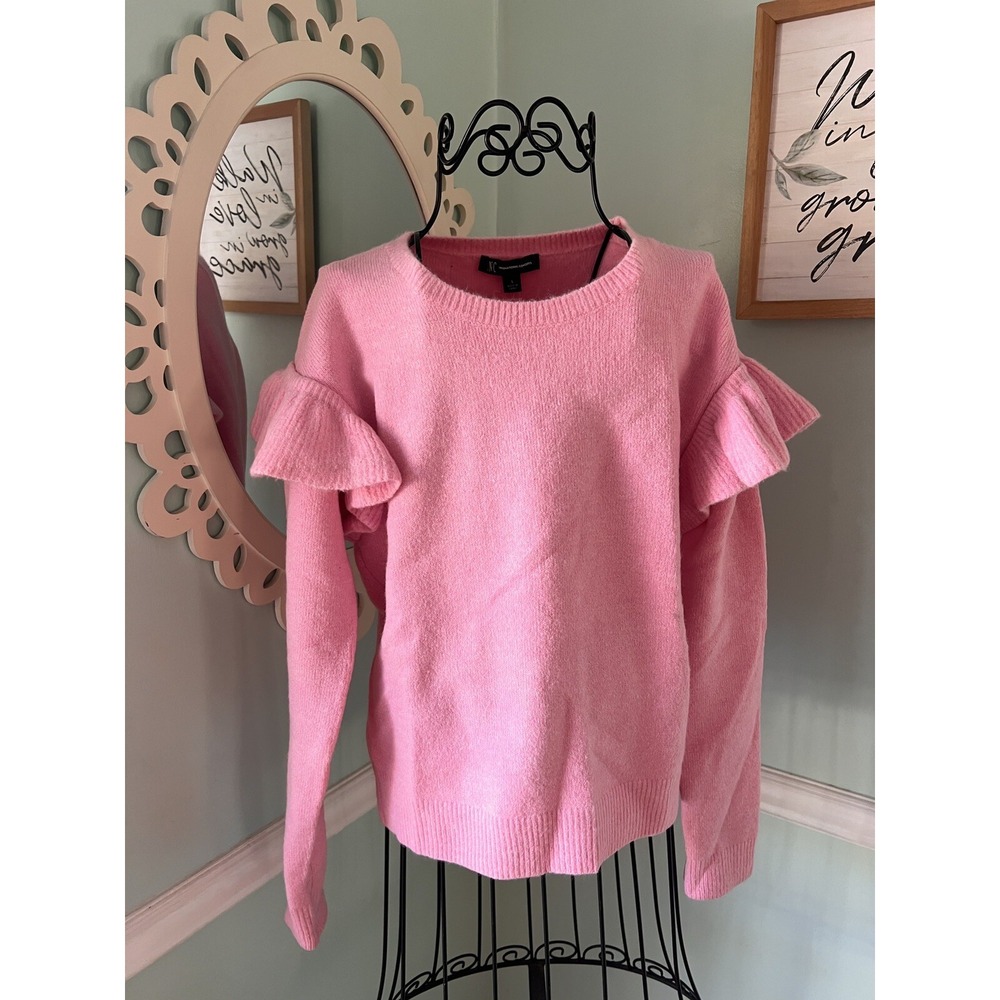INC Long Sleeve Crew Neck Ruffle Shoulder Sweater - Peony Dream Pink -size Small